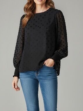 LOFT Black Sheer Velvet Polka Dot Blouse Puff Sleeve Smocked Cuff Romantic